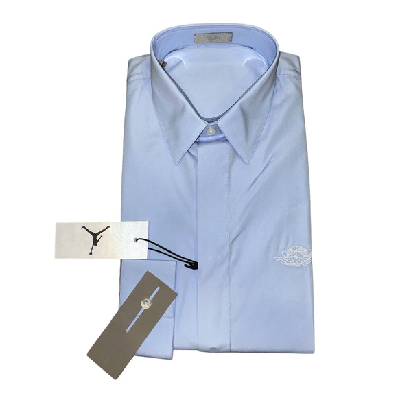 Air Dior Jordaan Wing Basketball Blue Logo Long Sleeve Button Up Down Shirt 39 - Picture 1 of 7